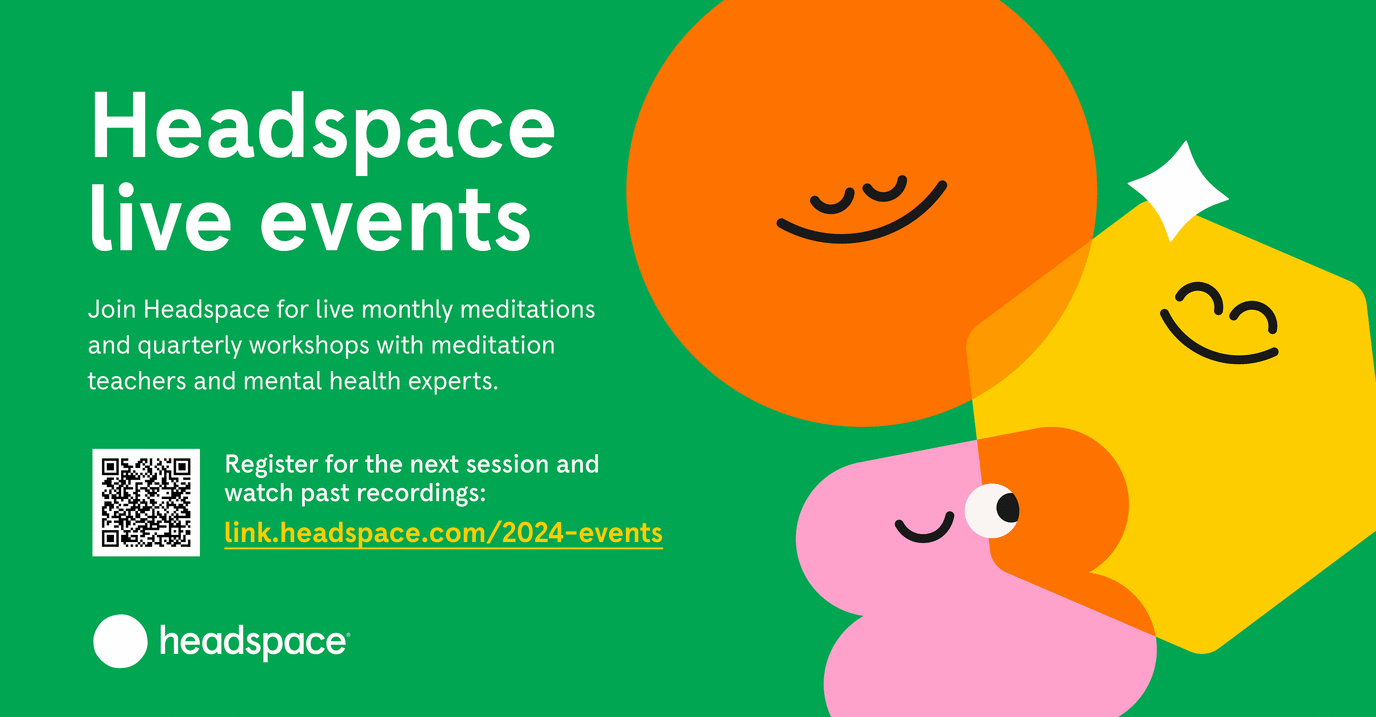 Headspace Live Events.  Green background with 3 colorful ullustrated shapes with faces.
